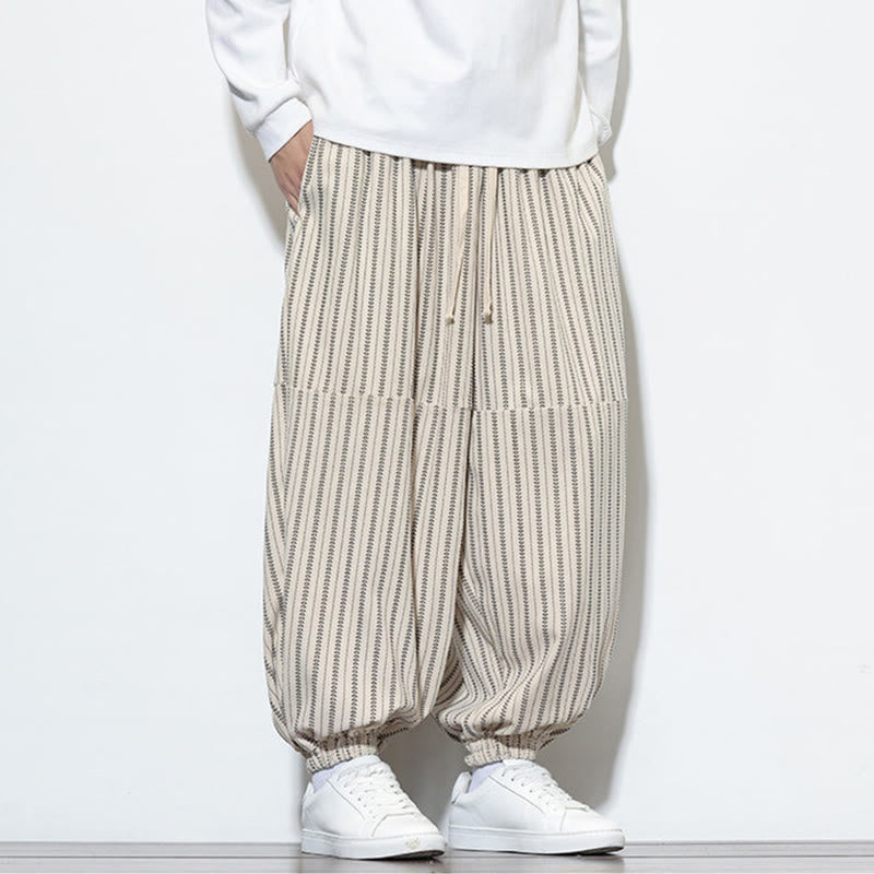 Buddha Stones Fall Striped Pattern Drawstring Men's Harem Corduroy Pants With Pockets - image 22