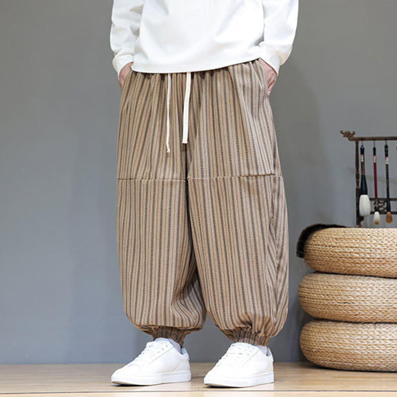 Buddha Stones Fall Striped Pattern Drawstring Men's Harem Corduroy Pants With Pockets - image 67
