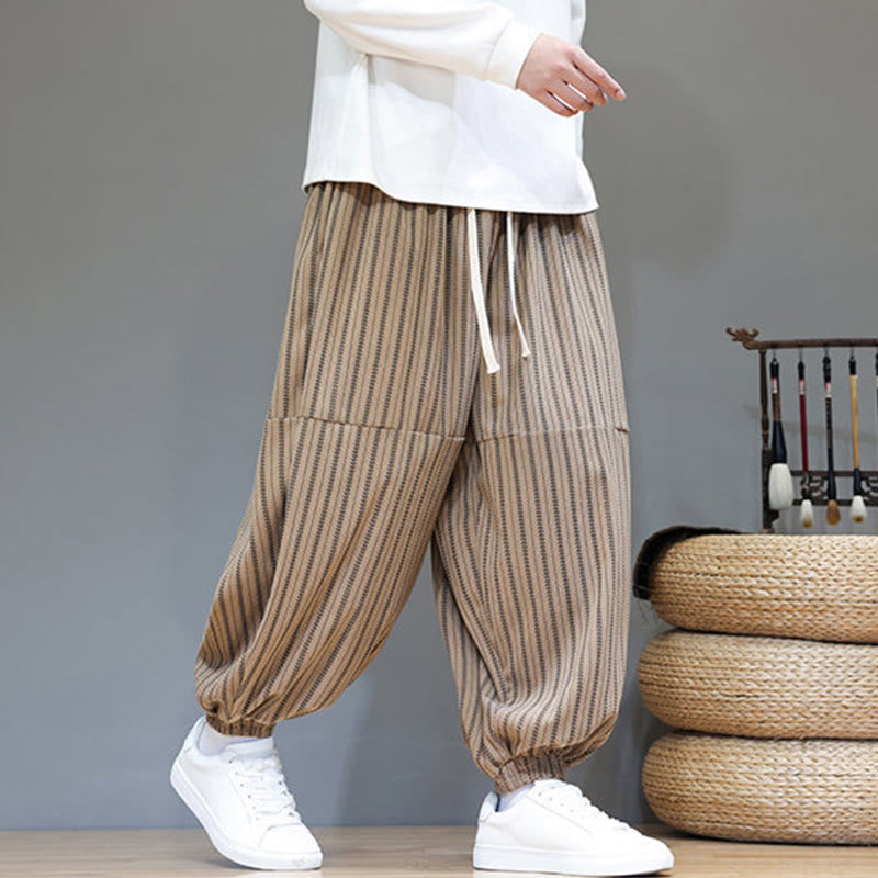 Buddha Stones Fall Striped Pattern Drawstring Men's Harem Corduroy Pants With Pockets - image 64
