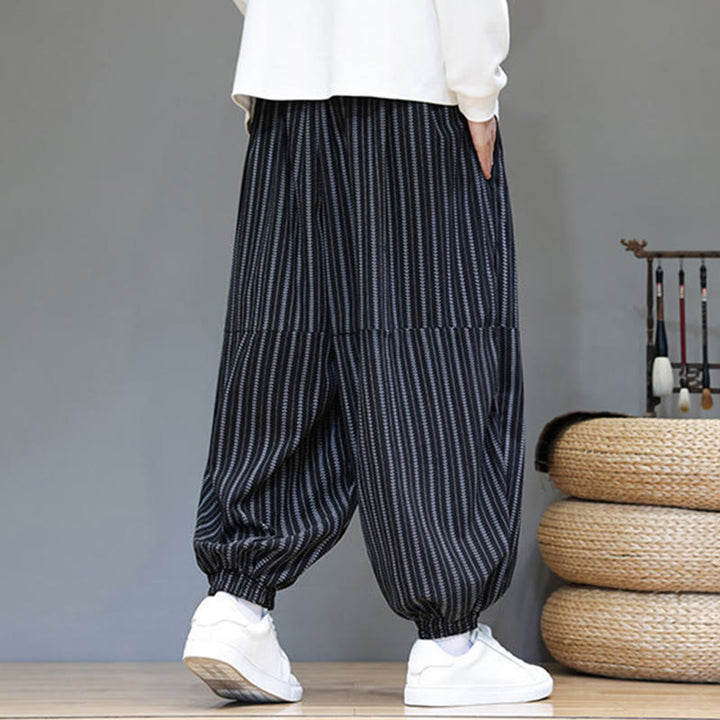 Buddha Stones Fall Striped Pattern Drawstring Men's Harem Corduroy Pants With Pockets - image 6