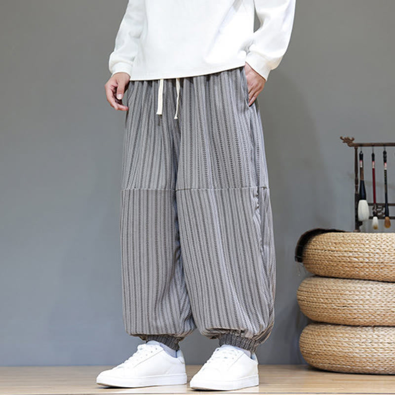 Buddha Stones Fall Striped Pattern Drawstring Men's Harem Corduroy Pants With Pockets - image 47