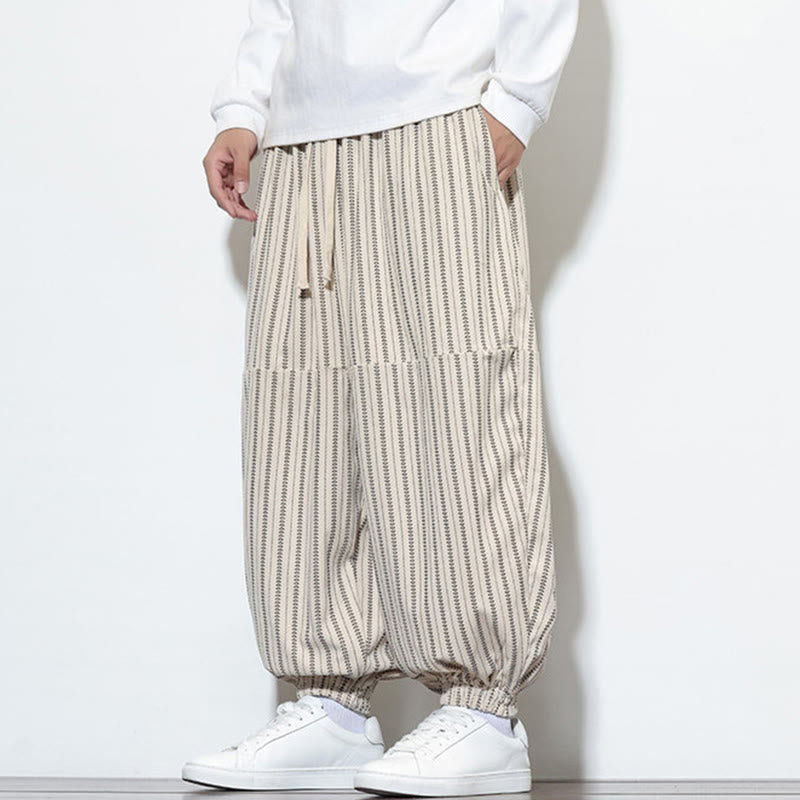 Buddha Stones Fall Striped Pattern Drawstring Men's Harem Corduroy Pants With Pockets - image 20