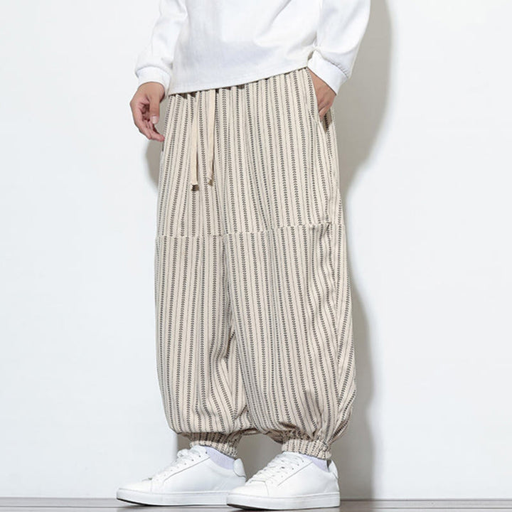 Buddha Stones Fall Striped Pattern Drawstring Men's Harem Corduroy Pants With Pockets - image 20