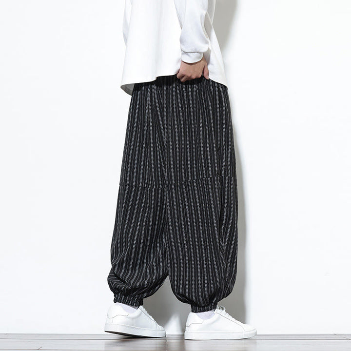 Buddha Stones Fall Striped Pattern Drawstring Men's Harem Corduroy Pants With Pockets - image 13