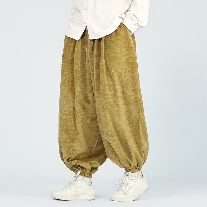 Buddha Stones Fall Plain Jacquard Design Drawstring Men's Harem Pants With Pockets - image 1