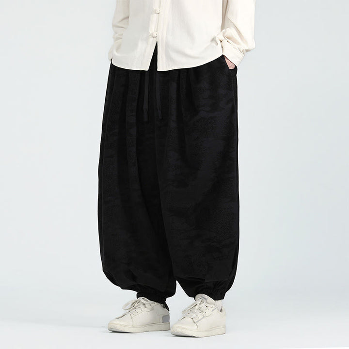 Buddha Stones Fall Plain Jacquard Design Drawstring Men's Harem Pants With Pockets - Black - US/UK/AU46，EU56 (5XL) - image 8