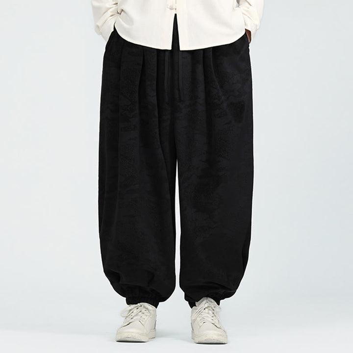 Buddha Stones Fall Plain Jacquard Design Drawstring Men's Harem Pants With Pockets - image 9