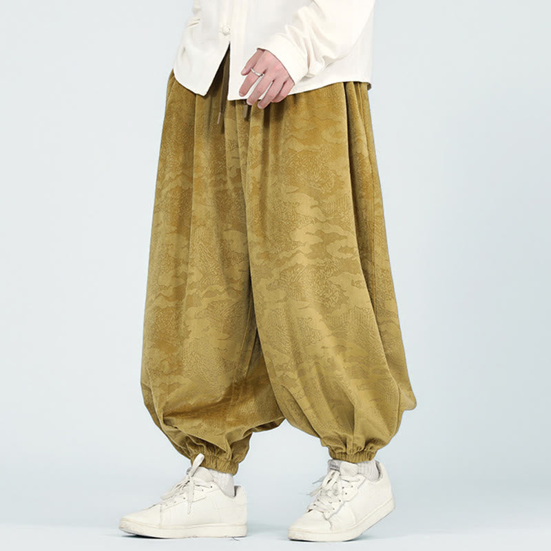 Buddha Stones Fall Plain Jacquard Design Drawstring Men's Harem Pants With Pockets - image 2