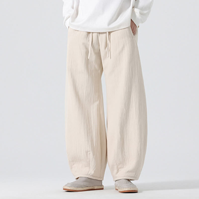 Buddha Stones Daily Drawstring Chinese Zen Style Men's Wide Leg Pure Pants With Pockets - image 3