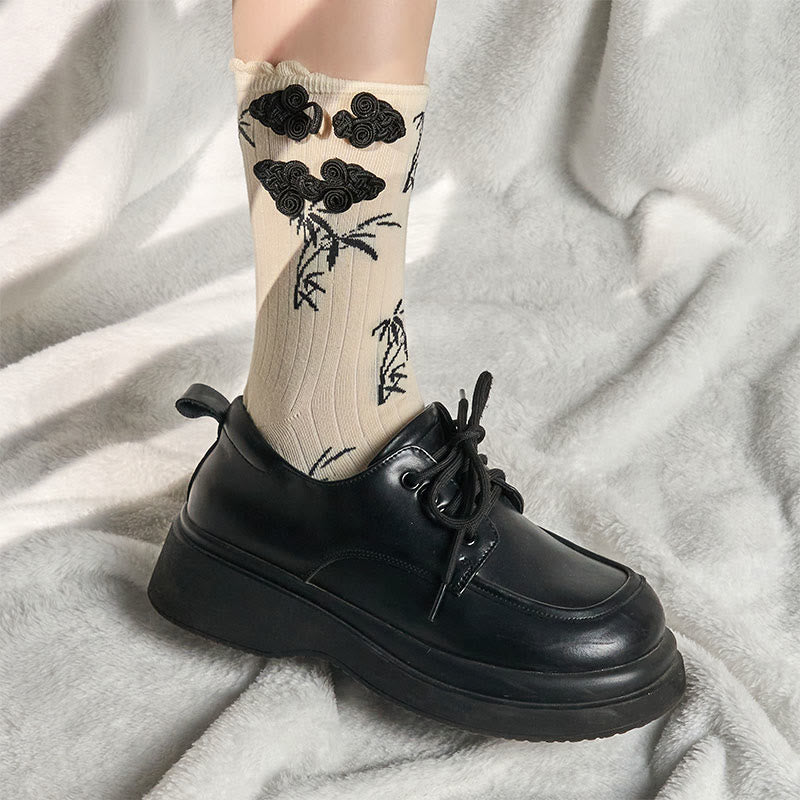 Buddha Stones Chinese Frog-Button Design Jacquard Bamboo Pattern Micro Crew Women's Socks - image 14