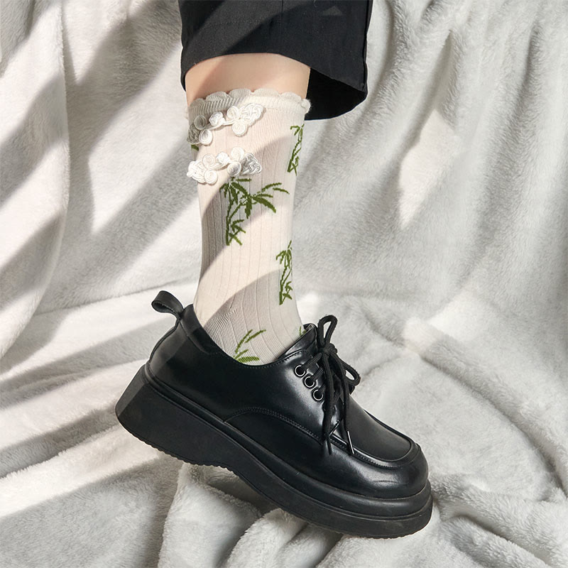 Buddha Stones Chinese Frog-Button Design Jacquard Bamboo Pattern Micro Crew Women's Socks - image 21