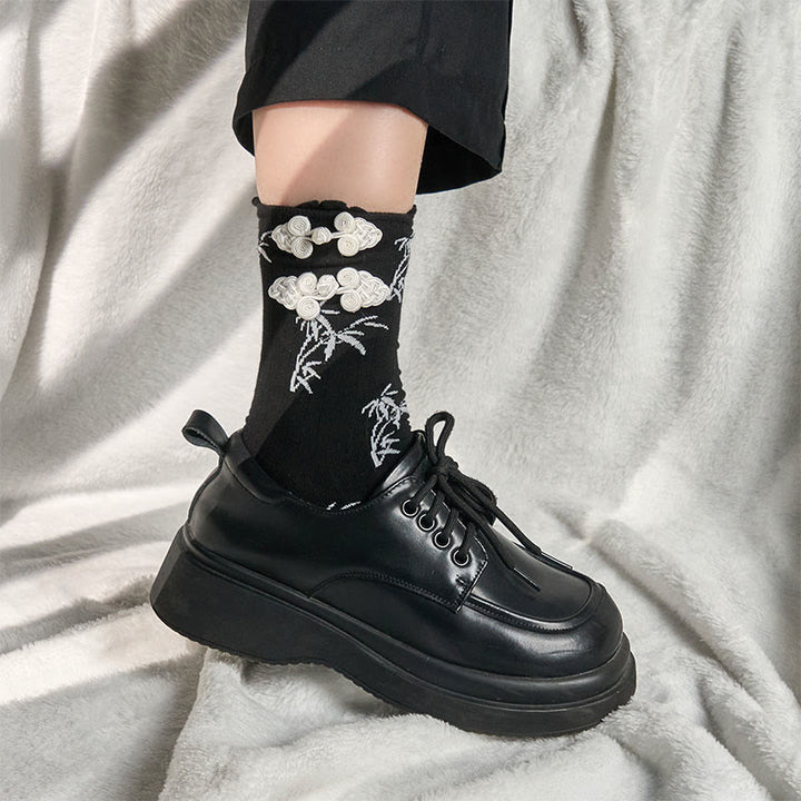 Buddha Stones Chinese Frog-Button Design Jacquard Bamboo Pattern Micro Crew Women's Socks - image 5