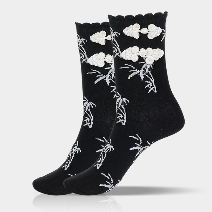 Buddha Stones Chinese Frog-Button Design Jacquard Bamboo Pattern Micro Crew Women's Socks - image 7