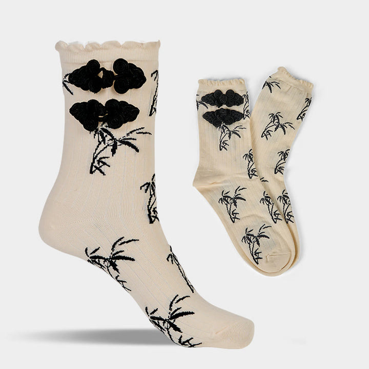 Buddha Stones Chinese Frog-Button Design Jacquard Bamboo Pattern Micro Crew Women's Socks - image 15