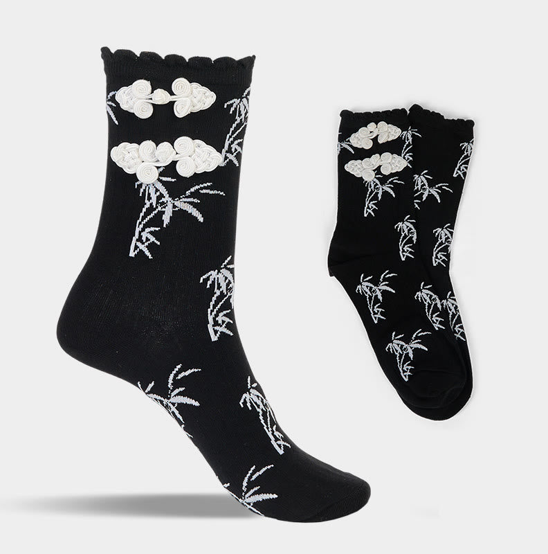 Buddha Stones Chinese Frog-Button Design Jacquard Bamboo Pattern Micro Crew Women's Socks - image 6
