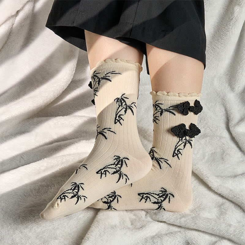 Buddha Stones Chinese Frog-Button Design Jacquard Bamboo Pattern Micro Crew Women's Socks - image 13
