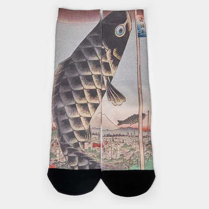 Buddha Stones Casual Koi Fish Mount Fuji Micro Crew Men Women Unisex Socks - image 1