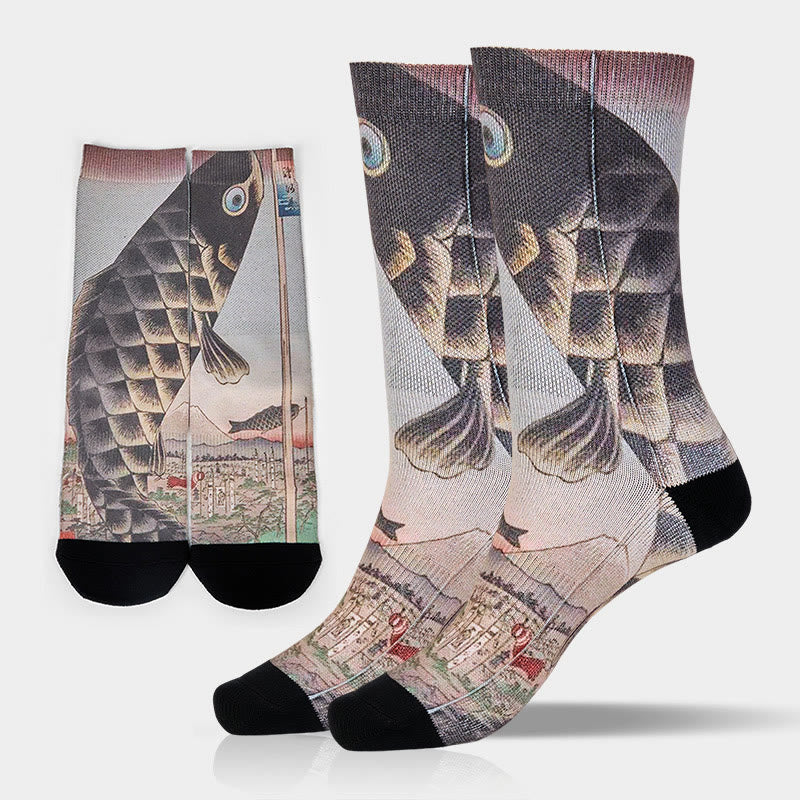 Buddha Stones Casual Koi Fish Mount Fuji Micro Crew Men Women Unisex Socks - LightGrey - M-L(US 8-12，EU 41-45，UK/AU 7.5-11.5，AISA 25.5-28.5cm) - image 0