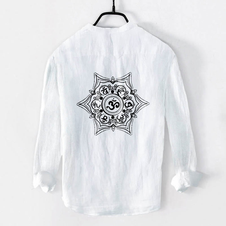Buddha Stones Om Mani Padme Hum Mandala Half Buttons Design Long Sleeve Men's Cotton Linen Shirt - image 2