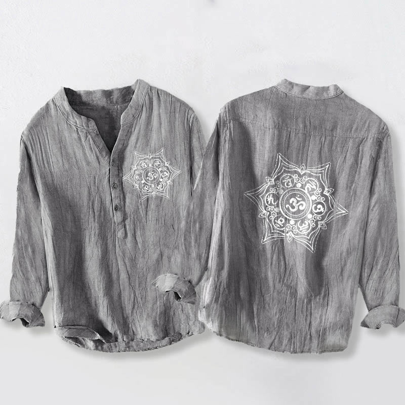 Buddha Stones Om Mani Padme Hum Mandala Half Buttons Design Long Sleeve Men's Cotton Linen Shirt - Gray - US/UK/AU50，EU60 (5XL) - image 6