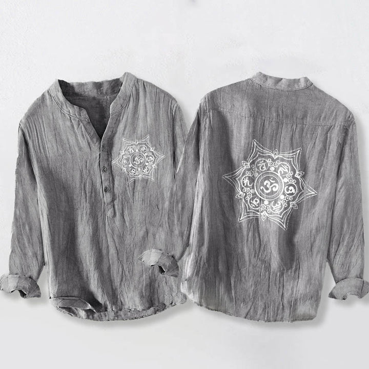 Buddha Stones Om Mani Padme Hum Mandala Half Buttons Design Long Sleeve Men's Cotton Linen Shirt - Gray - US/UK/AU50，EU60 (5XL) - image 6