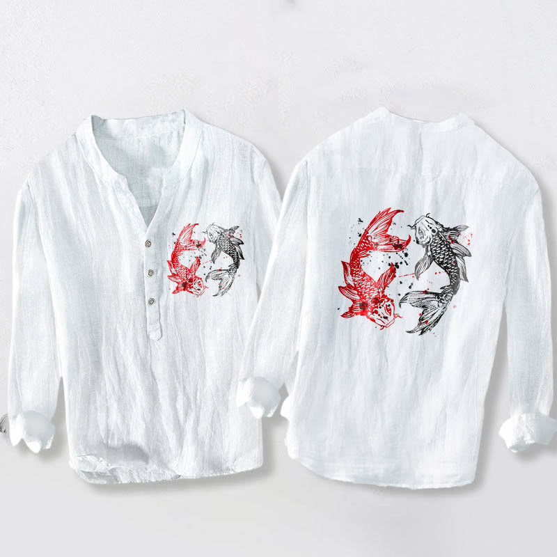 Buddha Stones Yin Yang Koi Fish Pattern Half Buttons Design Long Sleeve Men's Cotton Linen Shirt - White - US/UK/AU50，EU60 (5XL) - image 3