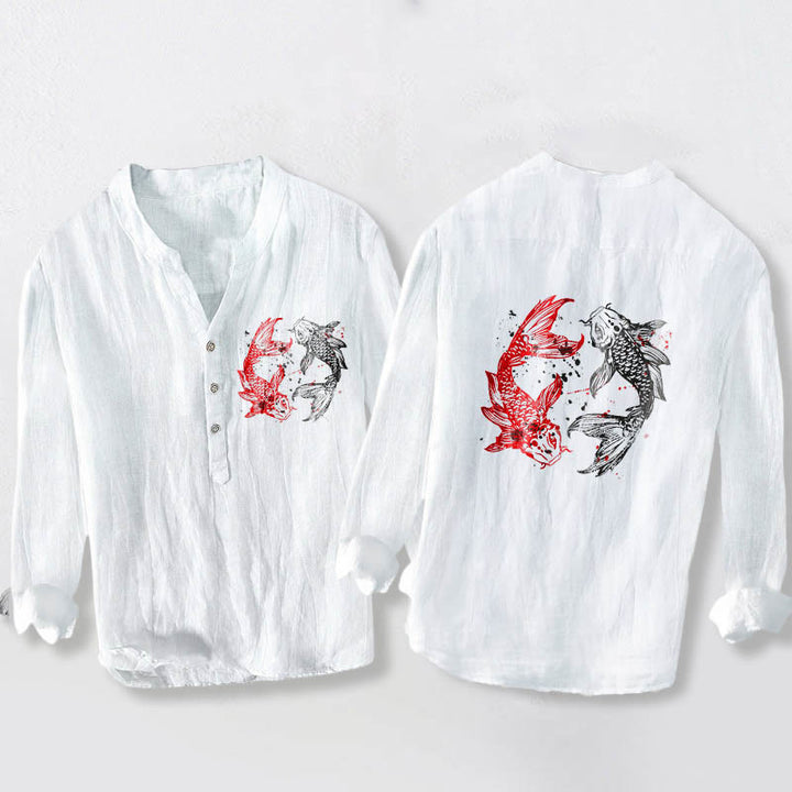 Buddha Stones Yin Yang Koi Fish Pattern Half Buttons Design Long Sleeve Men's Cotton Linen Shirt - White - US/UK/AU50，EU60 (5XL) - image 3