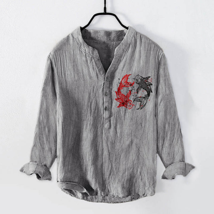 Buddha Stones Yin Yang Koi Fish Pattern Half Buttons Design Long Sleeve Men's Cotton Linen Shirt - image 1