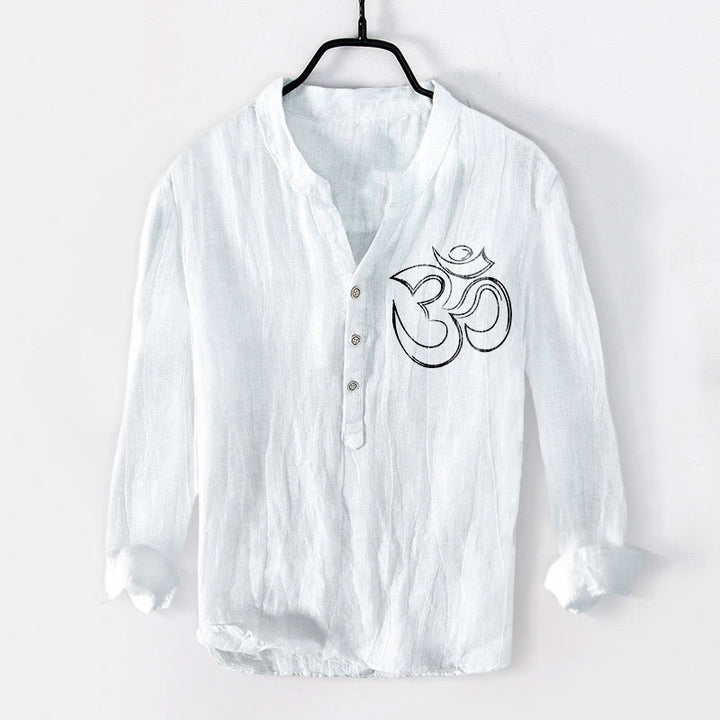 Buddha Stones Plain Om Symbol Pattern Half Buttons Design Men's Cotton Linen Long Sleeve Shirt - image 7