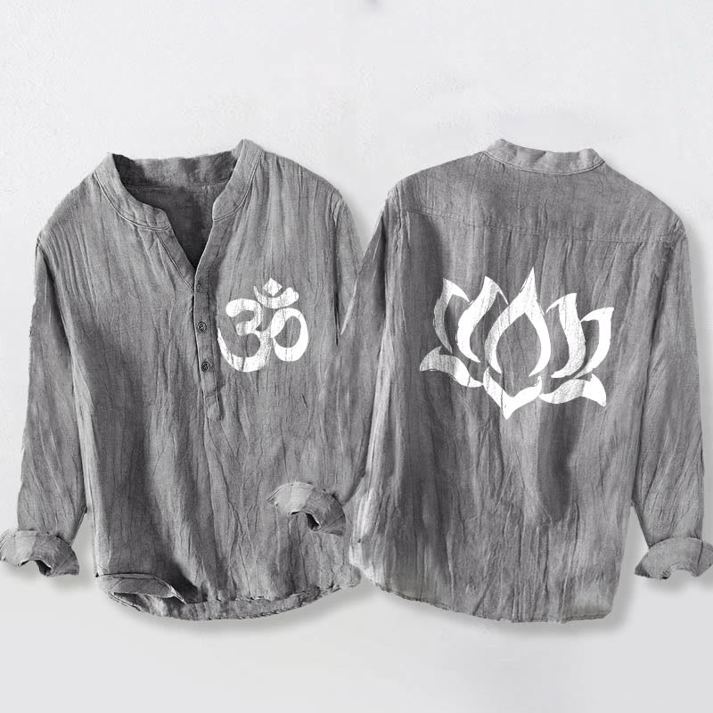 Buddha Stones Lotus Om Symbol Pattern Half Buttons Design Men's Cotton Linen Long Sleeve Shirt - Gray - US/UK/AU50，EU60 (5XL) - image 0