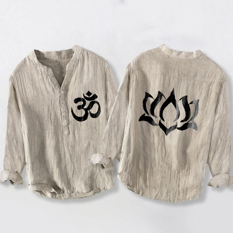 Buddha Stones Lotus Om Symbol Pattern Half Buttons Design Men's Cotton Linen Long Sleeve Shirt - Linen - US/UK/AU50，EU60 (5XL) - image 3