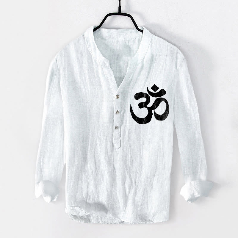 Buddha Stones Lotus Om Symbol Pattern Half Buttons Design Men's Cotton Linen Long Sleeve Shirt - image 7