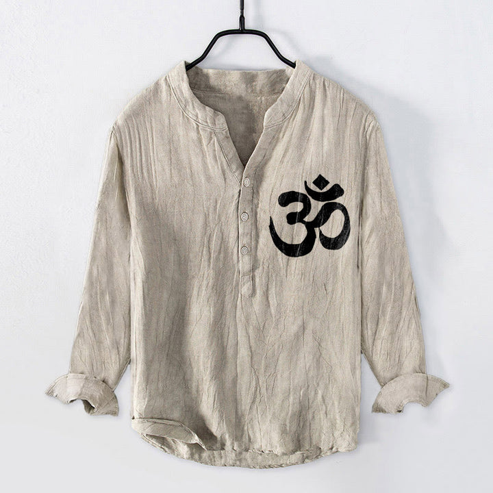 Buddha Stones Lotus Om Symbol Pattern Half Buttons Design Men's Cotton Linen Long Sleeve Shirt - image 4