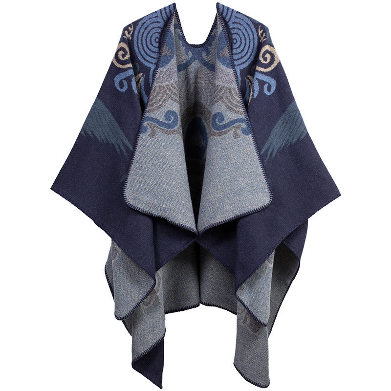 Buddha Stones Tibetan Open Front Auspicious Cloud Crane Pattern Unisex Cozy Scarf Shawl - MidnightBlue - image 8