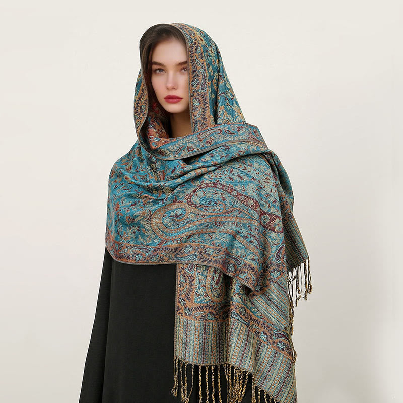 Buddha Stones Ethnic Daily Tibetan Paisley Pattern Tassel Cozy Scarf Shawl - LightSeaGreen - 70*180cm - image 22