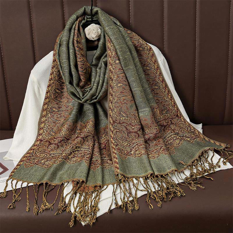 Buddha Stones Winter Ethnic Tibetan Jacquard Paisley Printing Pattern Tassel Cozy Scarf Shawl - DarkSeaGreen - 70*190cm - image 4