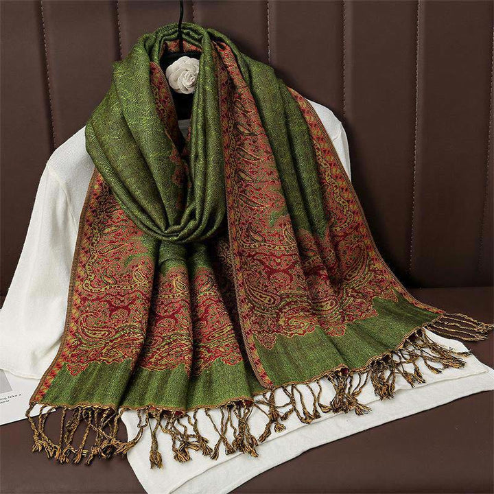 Buddha Stones Winter Ethnic Tibetan Jacquard Paisley Printing Pattern Tassel Cozy Scarf Shawl - OliveDrab - 70*190cm - image 10