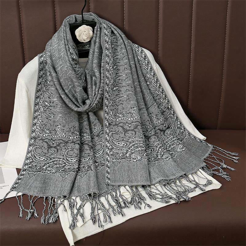 Buddha Stones Winter Ethnic Tibetan Jacquard Paisley Printing Pattern Tassel Cozy Scarf Shawl - DarkGray - 70*190cm - image 13
