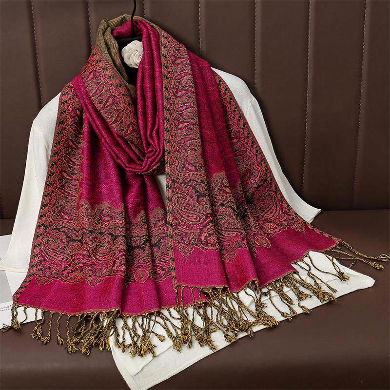 Buddha Stones Winter Ethnic Tibetan Jacquard Paisley Printing Pattern Tassel Cozy Scarf Shawl - MediumVioletRed - 70*190cm - image 3