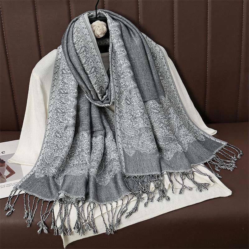 Buddha Stones Winter Ethnic Tibetan Jacquard Paisley Printing Pattern Tassel Cozy Scarf Shawl - LightGrey - 70*190cm - image 12