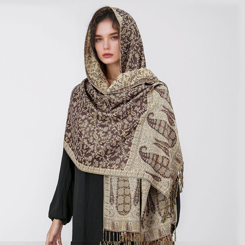 Buddha Stones Tibetan Jacquard Paisley Flower Pattern Color Contrast Design Tassel Cozy Scarf Shawl - Crimson - image 1