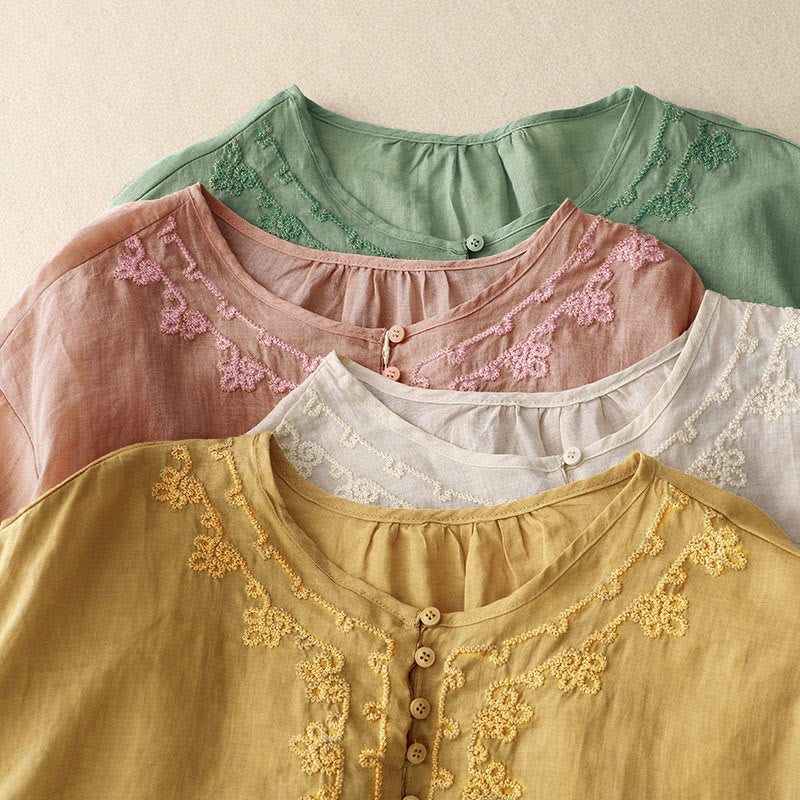 Buddha Stones Casual Women's Plain Frog Buckle Design Half Sleeve Shirt - image 23