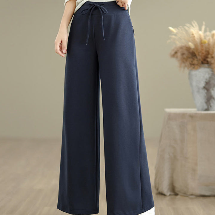 Buddha Stones Plain Drawstring Cotton Polyester Women's Wide Leg Pants With Pockets - image 2