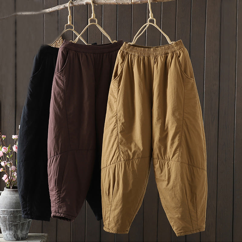 Buddha Stones Plain Warm Cotton-padded Women's Harem Cotton Pants With Pockets - image 17