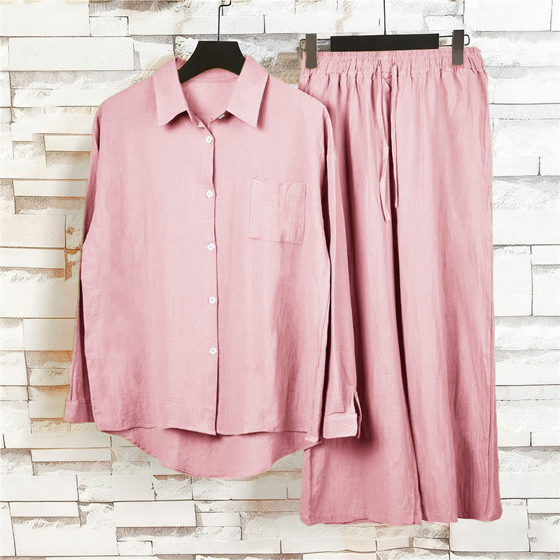 Buddha Stones 2Pcs Long Sleeve Shirt Top With Pockets Drawstring Pants Meditation Cotton Linen Clothing Women's Set - image 11