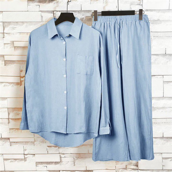 Buddha Stones 2Pcs Long Sleeve Shirt Top With Pockets Drawstring Pants Meditation Cotton Linen Clothing Women's Set - image 29