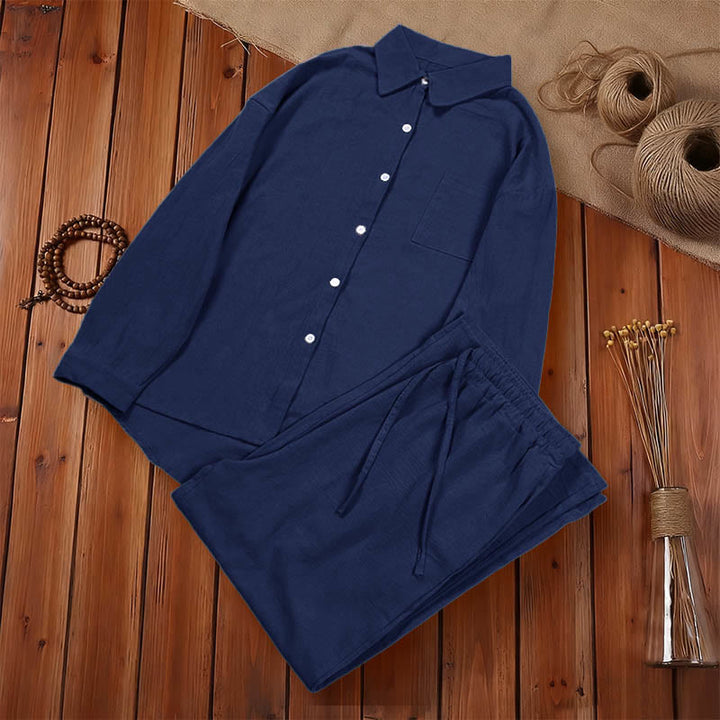 Buddha Stones 2Pcs Long Sleeve Shirt Top With Pockets Drawstring Capri Pants Meditation Cotton Clothing Women's Set - image 31