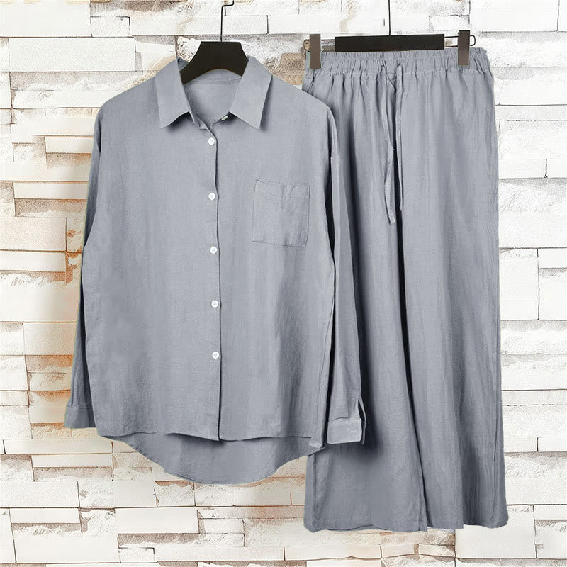 Buddha Stones 2Pcs Long Sleeve Shirt Top With Pockets Drawstring Pants Meditation Cotton Linen Clothing Women's Set - image 52