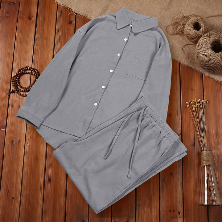 Buddha Stones 2Pcs Long Sleeve Shirt Top With Pockets Drawstring Pants Meditation Cotton Linen Clothing Women's Set - image 49