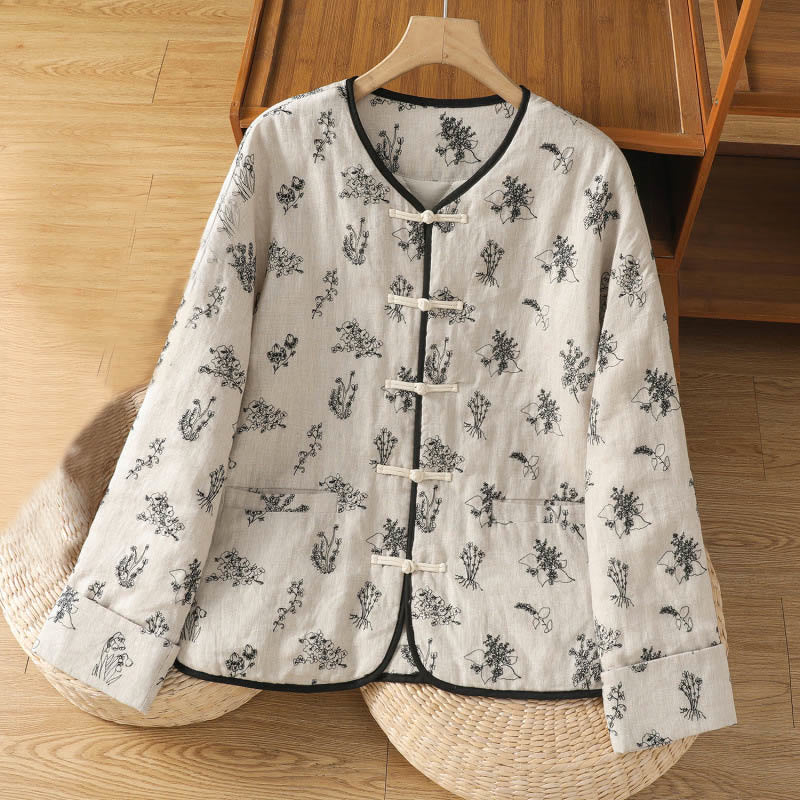 Buddha Stones Women's Printing Frog-button Long Sleeve Padded Jacket With Pockets - White - US14，UK/AU18，EU46 (2XL) - image 0